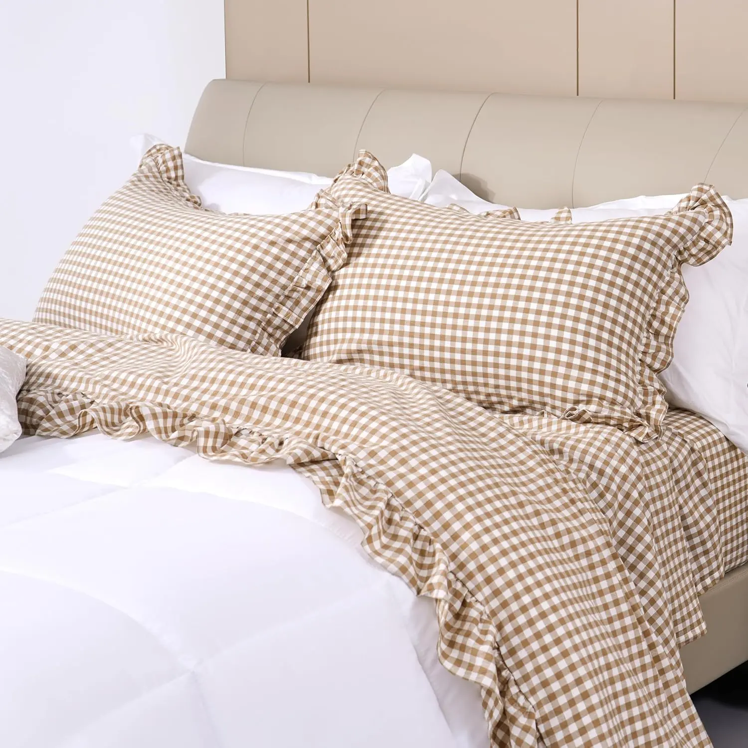 Full Size 4-Piece 100% Cotton Ruffle Checker Sheet Set - 16'' Deep Farmhouse Gingham Bedding, Soft Breathable for (Taupe/White)