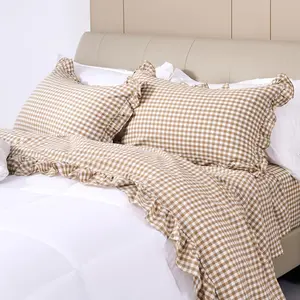 Ruffle Sheets Full Size 4-Piece Set, 100% Cotton Checker Sheet Set 16'' Deep Farmhouse Gingham Decorative Bedding,Soft, Breathable,, Feel(Taupe/White, Full)