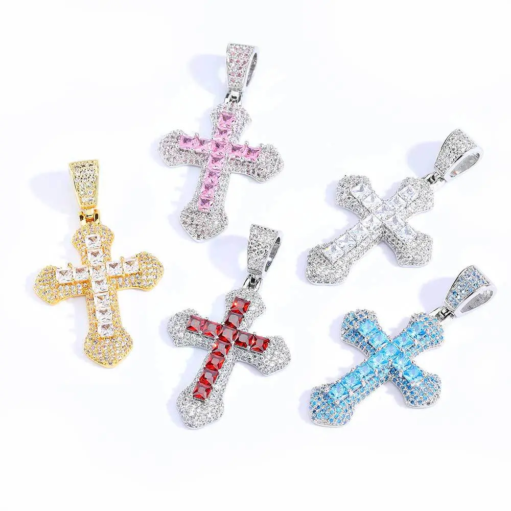 Unisex Long Lab-Created Full Diamond Colorful Zircon Cross Pendant Necklace - Gold, Yellow Gold, Copper Base, Adult Daily Wear Fashion Costume Jewelry, Ideal Gift