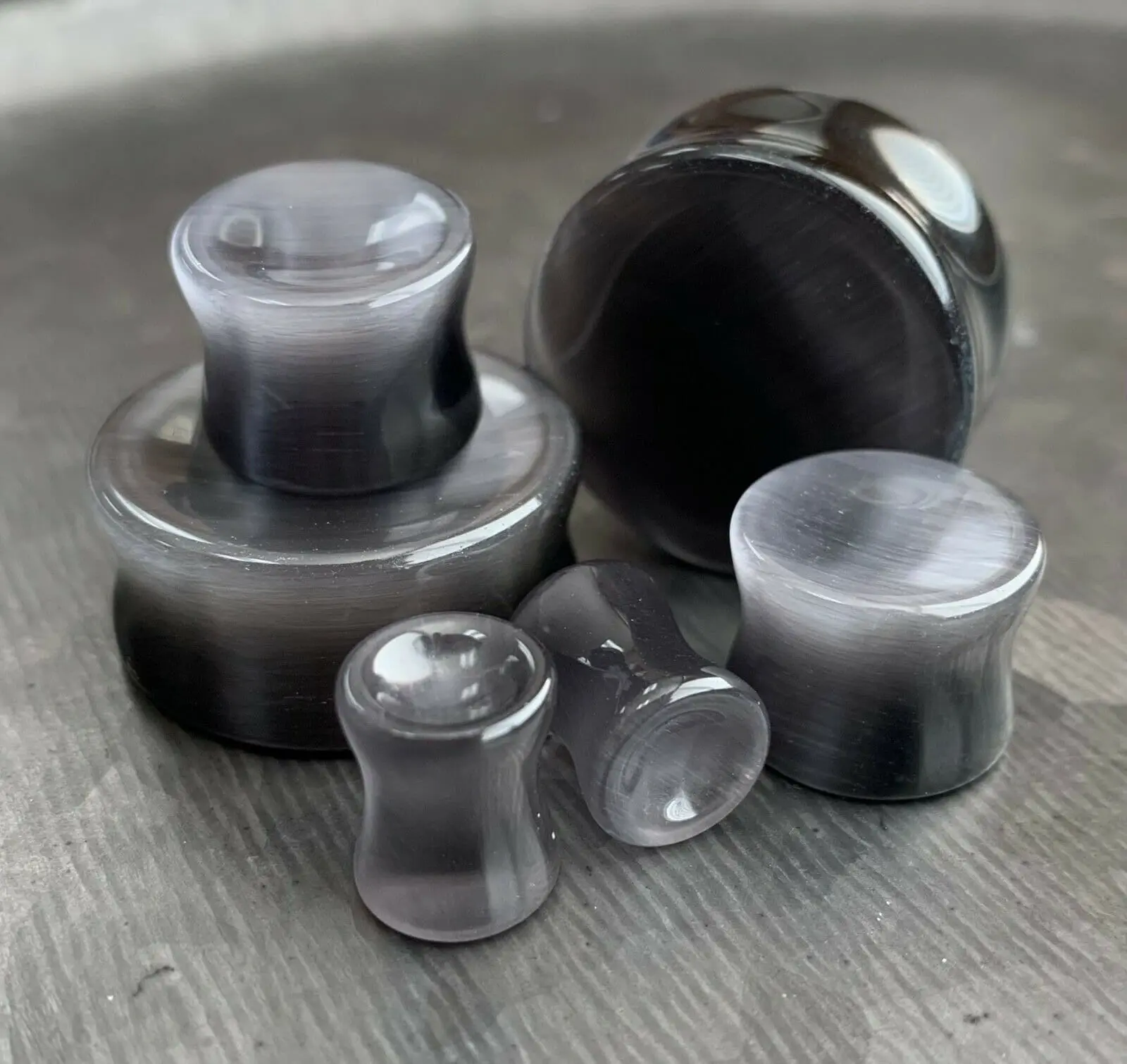 PAIR of Stunning Concave Grey Cat Eye Double Flare Stone Plugs - Gauges Gauges 2g (6mm) up to 1" (25mm)