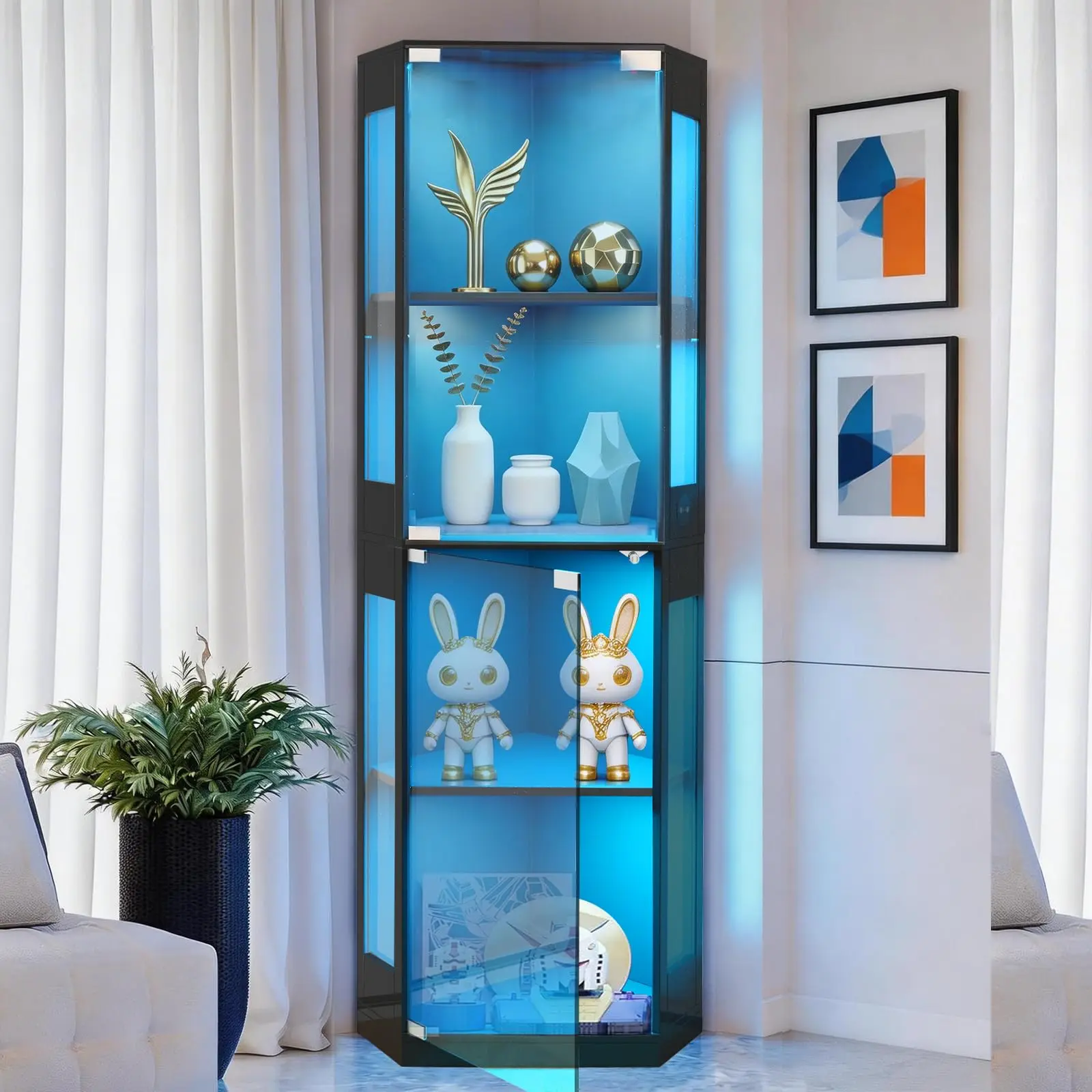 Display Cabinet with Glass Doors  65" 4-Tier Corner Display Cabinet with 3 Color LED Lights & Human Body Sensor Glass Cabinet Display Case with Adjustable Shelves for Collections Game Room