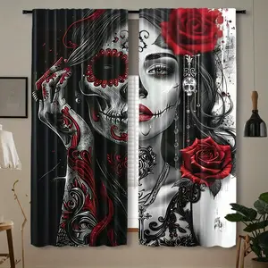 2-Pack Woven Polyester Spring Asian Gothic Style Frame and Red Rose Curtains - Roller Embossed, Semi-Transparent, Rod Pocket Curtains, Suitable for Bedroom, Living Room, Office - Modern Fashion Window Decorations