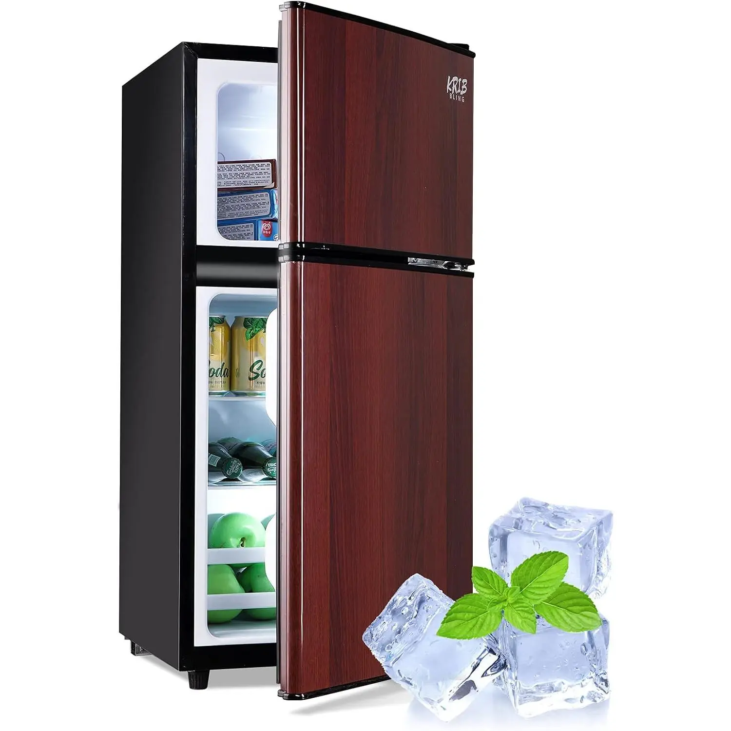 KRIB BLING 3.5 Cu.ft 2-Door Retro Wooden Finish Mini Fridge with Freezer-on-Top - Removable Glass Shelf, Energy-Saving, 7-Level Temp Control, Beverage Refrigerator for Bedrooms, Dormitories, Household Use, Bedroom Fridge