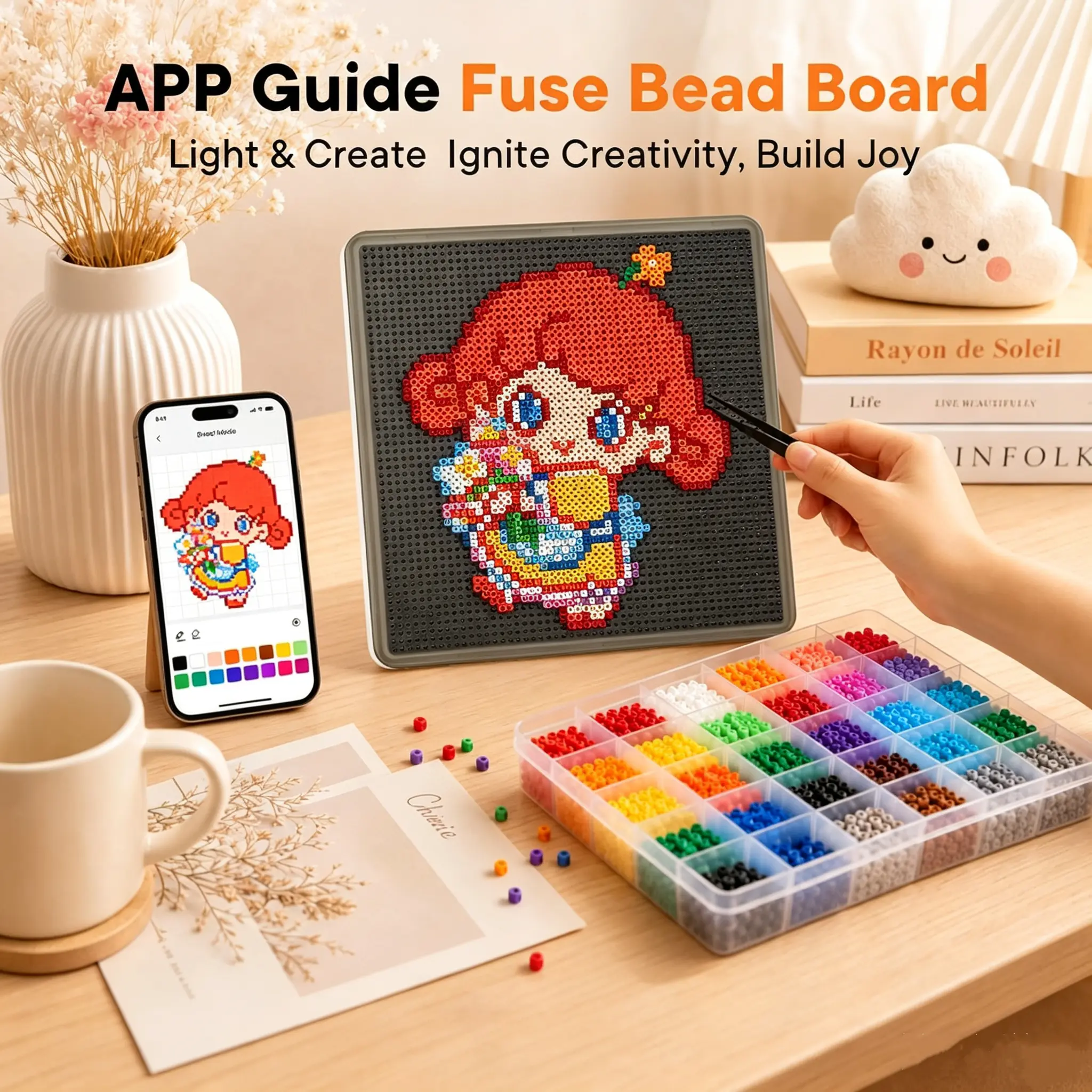 App Guided Fuse Bead Pegboard,Smart LED Bead Art Board with App Patterns, USB Light Pegboard for Fuse Beads, Kids DIY Craft Toys Starter Birthday Gift Set,Photo to Pattern Melty Beads Peg Boards,Craft Projects for Adults and Children