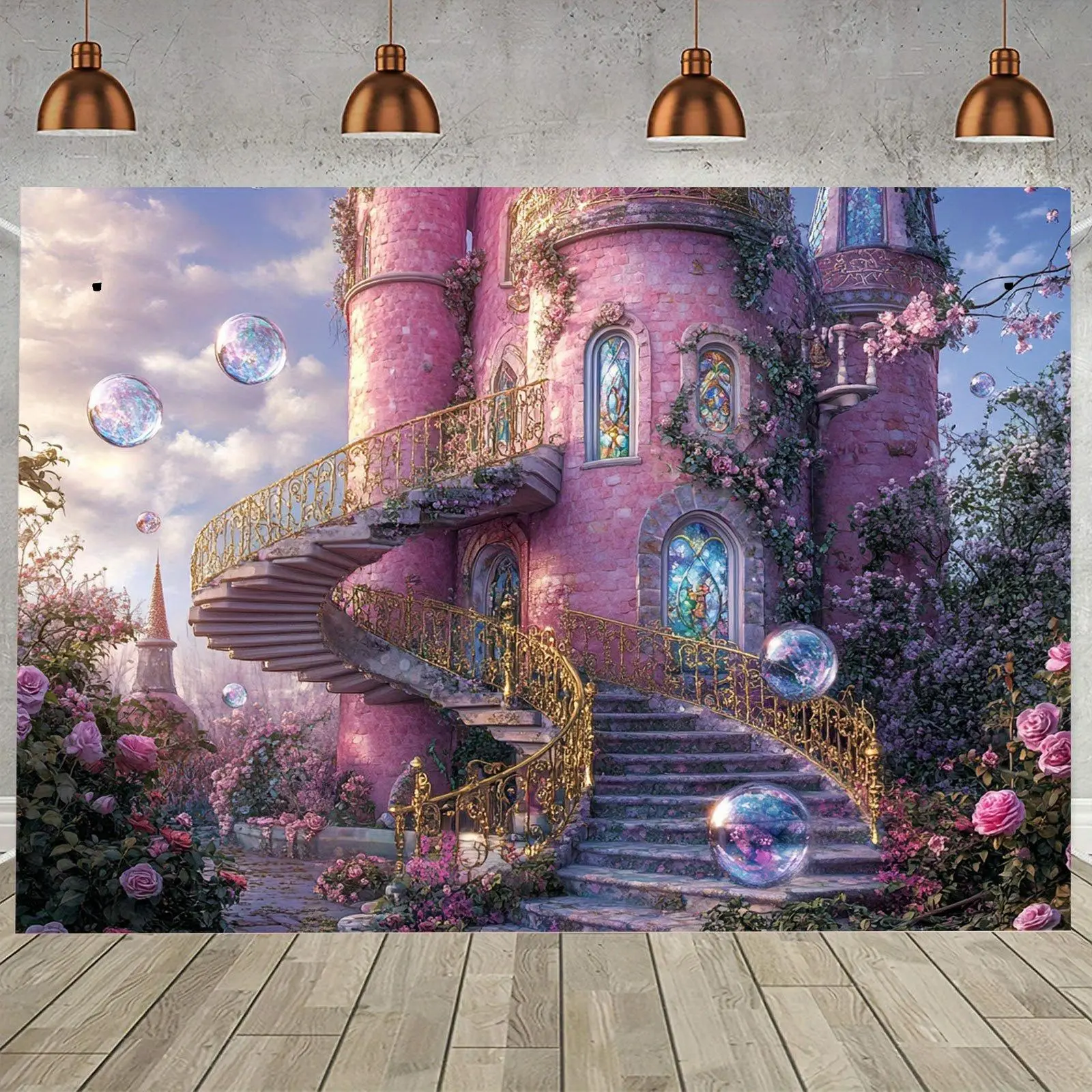 1pc Durable Polyester Pink Castle Spiral Staircase Photography Backdrop - Floral Balloons, Roses, Flower Accents - Textile Party Decor for Birthdays, Weddings - All-Season, No-Electricity Photo Shoot Background Banner Ornament, Castle Theme, One-Piece