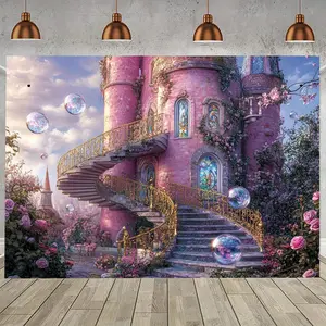 1pc Pink Castle Spiral Staircase Photography Backdrop with Floral Balloons & Roses - Durable Polyester Party Decor for Birthdays, Weddings, Photo Shoots - No Electricity Needed, All-Season Use, Photo Shoot Background Banners Ornaments