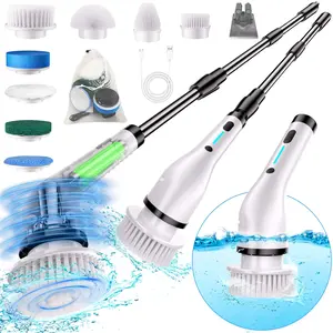 The 9-in-1 electric rotary floor cleaning machine features rechargeable brush heads with 8 replaceable brush heads and an adjustable telescopic handle, making it suitable for bathrooms, bathtubs, floors, kitchens, etc