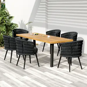 Outdoor Dining Set – Premium Acacia Wood Dining Table & Rope Chairs With Dark Gray Cushion for Comfortable Dining Experience,Suitable for large gatherings(1 Table + 6 Chairs)