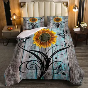 Yellow Sunflower Comforter Set,Butterfly Bedding Set,Rustic Farmhouse Wooden Board Down Comforter,Country Retro Floral Quilt Duvet Sets
