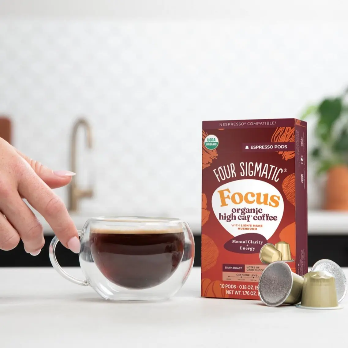 Four Sigmatic - Focus High Caffeine Coffee Pods Compatible with Nespresso Original | Organic Dark Roast Espresso with Added Focus | Mushroom Coffee Enhanced with Lion's Mane | High Caffeine 20ct + 40ct