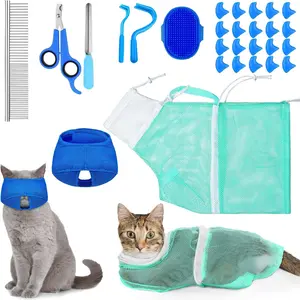 9 Pcs Cat Bathing Bag Set Cat Shower Bag Anti Bite and Scratch for Pet Grooming Washing Brush Comb Muzzle Nail Clipper Nail File Tick Tool(Blue, Turquoise) cat  bath  bag