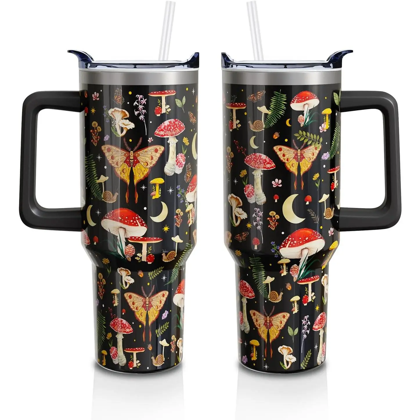 Women's 40 Oz (1,000-2,000 ml) Stainless Steel Double-Walled Vacuum Insulated Tumbler - Industrial Polka Dot Red Mushroom Drinkware with Handle, Lid, Straw, Tapered Base, Animal-Themed Coffee Bottle, Bridesmaid Proposal Mother's Day Gift (1 PC)