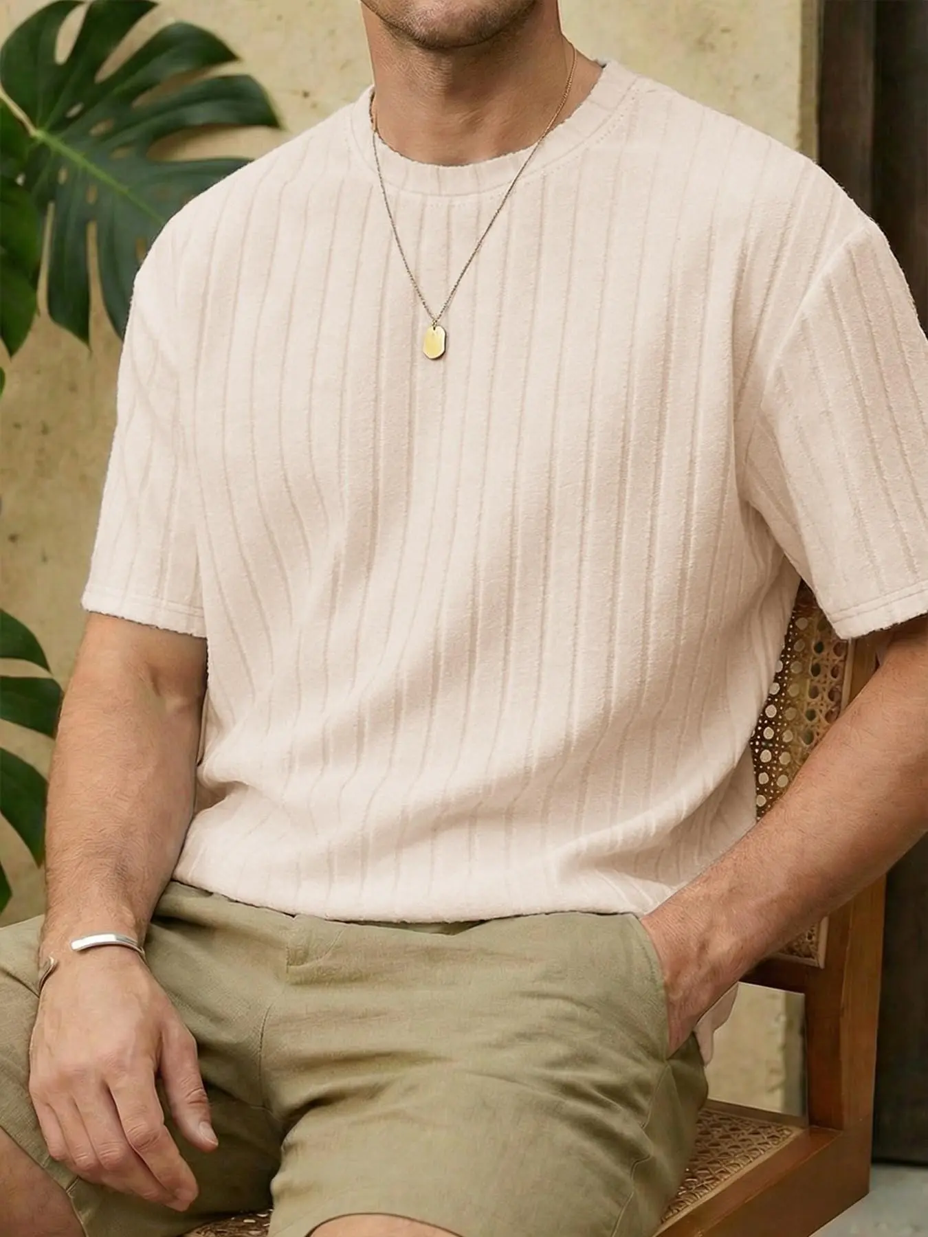Unisex style, simple streetwear design with textured ribbed knit T-shirt; soft texture design; minimalist casual style; relaxed fit, versatile with plain colors; perfect for casual wear/everyday use in summer; suitable for couples.