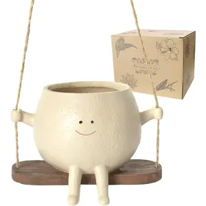 Cute Look Face Expression Resin Hanging Planter Pot - Medium-Size, With Hooks, All Seasons Use, Indoor Outdoor Succulents String of Pearls Planter, Mom Birthday Gifts, Mothers' Gifts