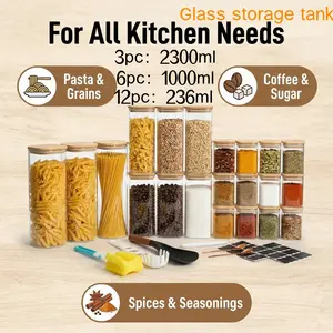 29-piece set of glass jars, 3 pieces: 2300 ml , 6 pieces of 1000 ml , 12 pieces of 236 ml , wide-mouth transparent glass food storage container, can be used to store coffee beans, noodles, nuts and other glass kitchen utensils; with labels,