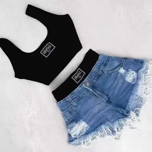 Women's 2 Piece Outfit, Black Slim Cami Top + Ripped Denim Shorts Set, Y2k Streetwear Clothes Crop