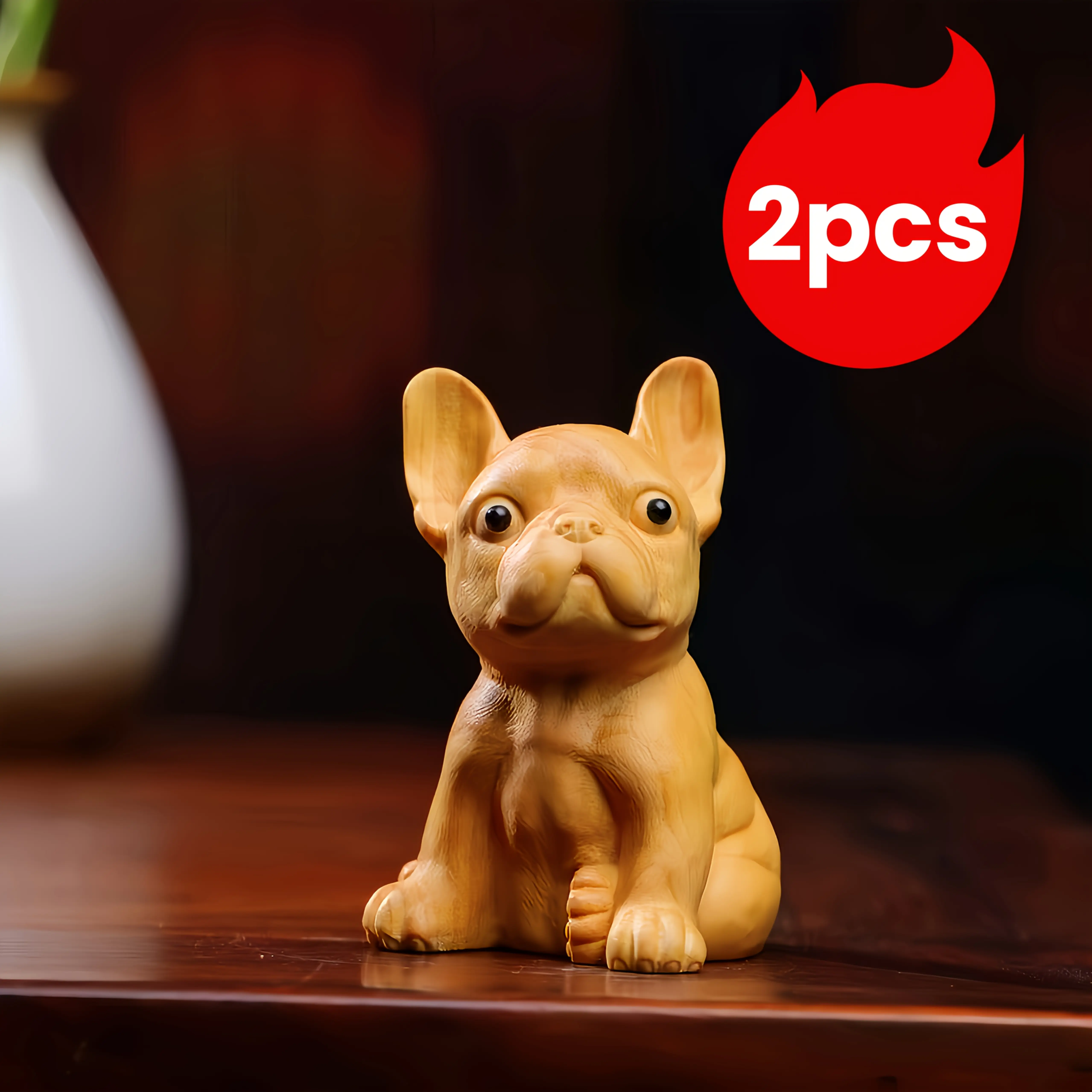 2-Pack Hand Carved Natural Wood Sandalwood Animal Bulldog Collectible Figurines - Smooth, Lightweight Miniatures, Home Decor Set, Shelf/Desk Ornament, Children's Day Christmas Gifts