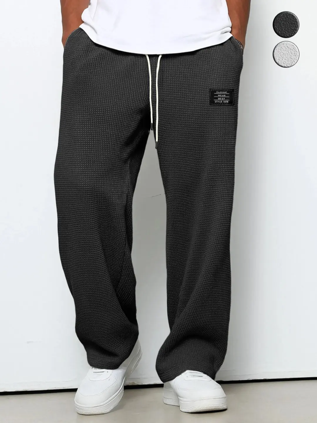 Men’s waffle-knit wide-leg casual pants, drawstring waist straight sweatpants, American street-style solid-color long pants, loose drape long bottoms, youth everyday wear pants, simple basic straight athletic pants, urban relaxed-fit casual pants, versati