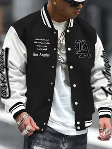 Men's Baseball Jacket Colorblock Letter Print Long Sleeve Pilot Coat Outerwear, Casual Sporty Fitted Campus Style, Comfortable Daily Wear, Menswear Workout Jacket