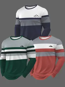 Men's Fashion Casual Menswear Round Neck Long Sleeve T-Shirt, Geometric Pattern, Fitted H-Type, All Seasons, 3-Pack, Washed Design