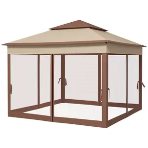 128-Inch Square Khaki Pop Up Tent with 4 Mesh Sidewalls, Netted Top, Drainage Holes & Powder Coated Steel Frame – Breeze-Friendly, Bug-Free for Camping, Family Reunion