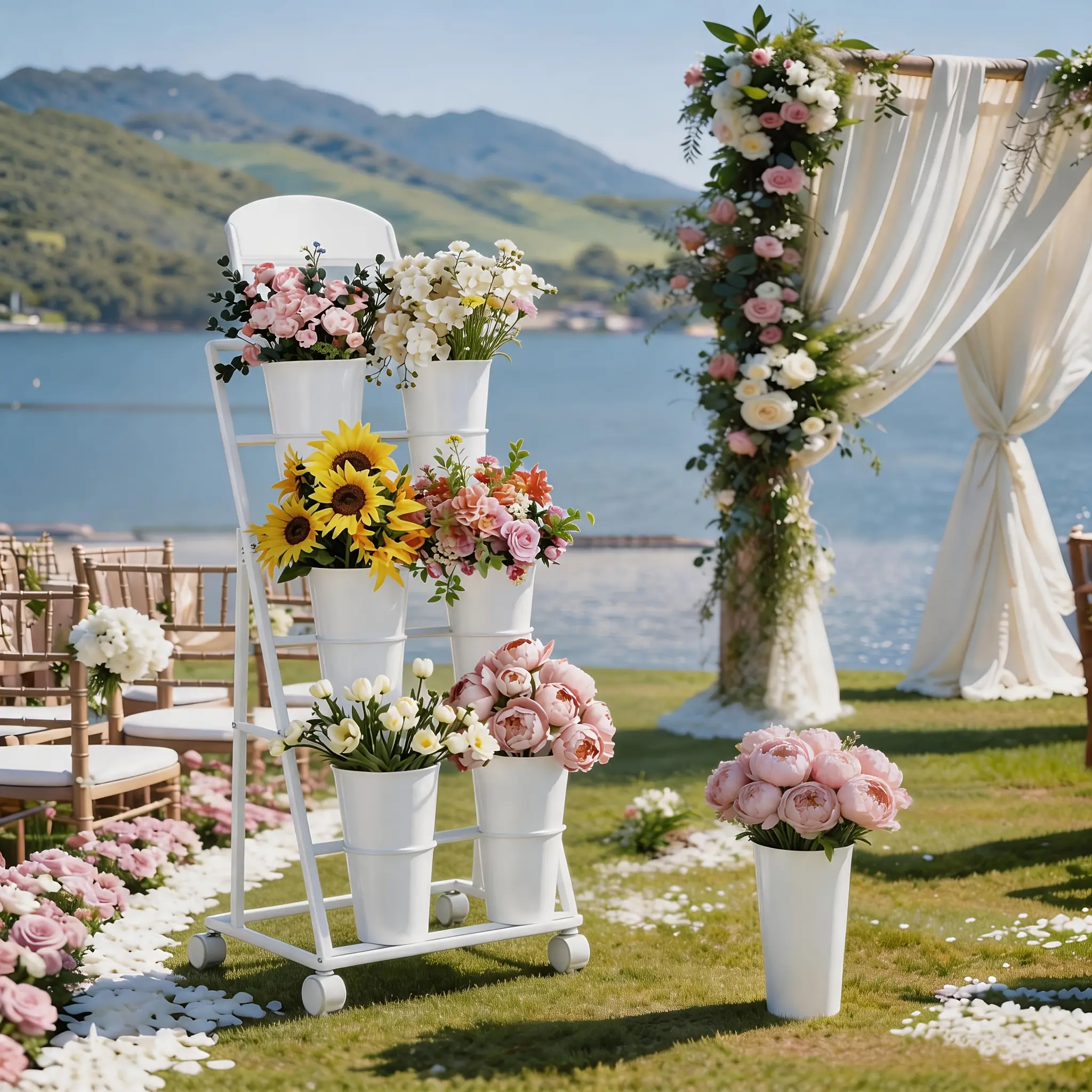 White Tiered Flower Display Stand With 6 Buckets, Rolling 3-Tier Floral Cart For Florists, Markets & Events, Mobile Flower Presentation Rack For Shop, Patio Or Wedding Setup