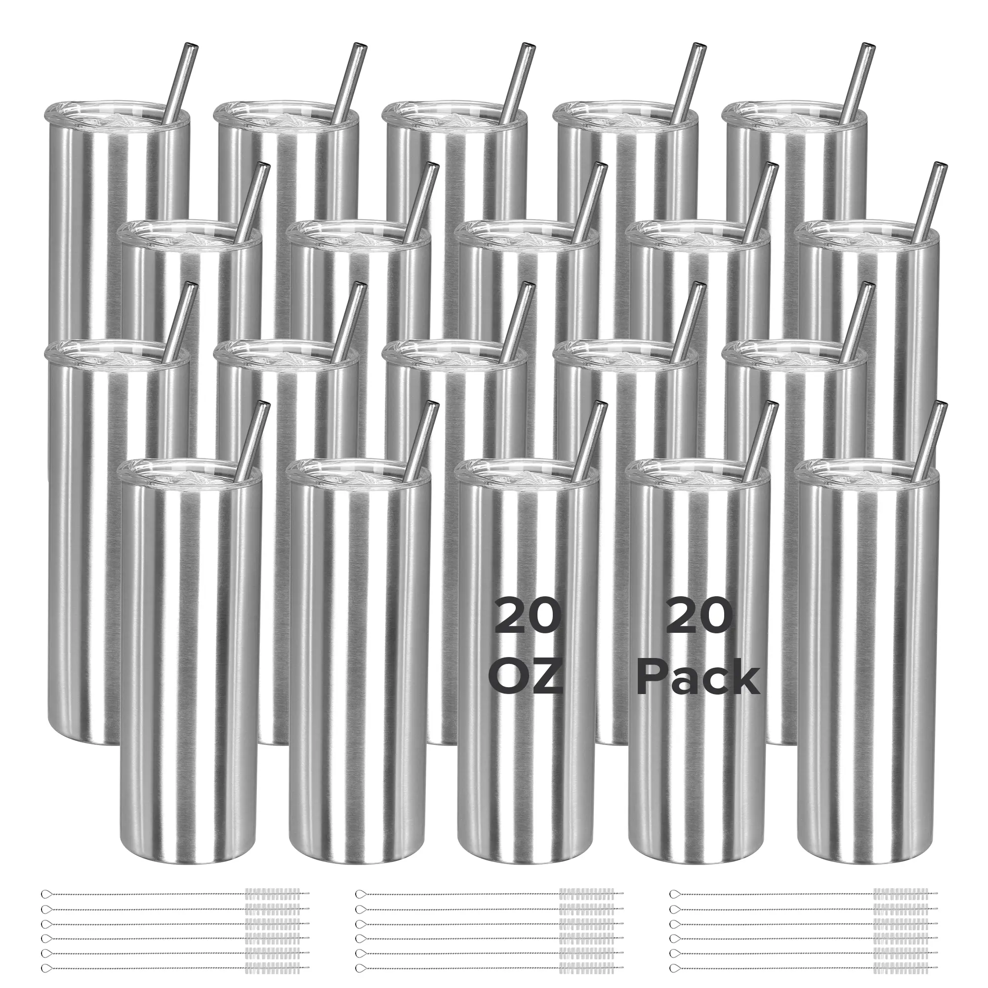 FASTSUB 20oz Stainless Steel Skinny Tumblers (20 Pack) - Pre-Sanded Silver Kitchenware, Portable Insulated Vacuum Travel Flasks with Straw & Lid for Epoxy Projects, Casual Use by Adults (Pre-Sanded for Easy Print)