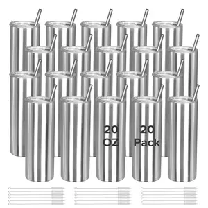 FASTSUB 20 oz Stainless Steel Skinny Tumblers with Straw and Lid 20 Pack,  Pre-Sanded Silver Cups Insulated Slim Thin Travel Tumbler Flask Containers for Epoxy, UV Printing, UV DTF