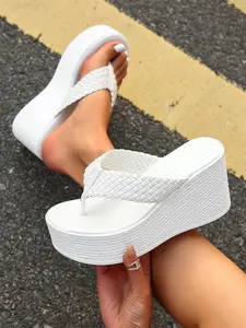 2026 European and American Fashion White Braided Strap Flatform Wedge Thong Elegant Minimalist Sandals for Women – High Platform Heel, Non-EVA Comfy Sole, Summer Open Toe Slides for Beach, Vacation, Daily Wear and Resort Outfits, Woven Wedge Sandals