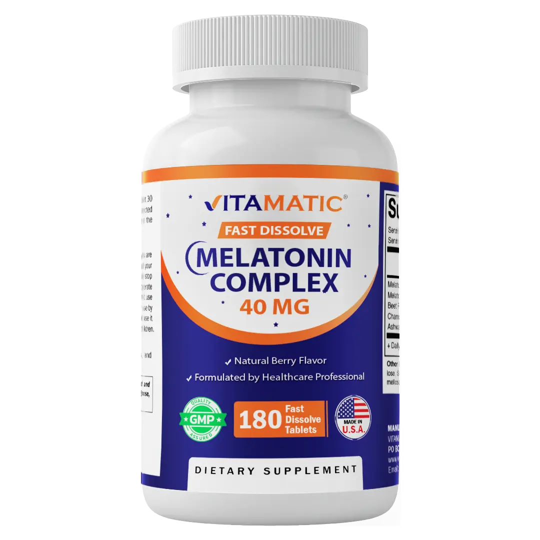 Vitamatic Fast Dissolve Melatonin Complex 40mg Healthy Sleep Supplement, Natural Berry Flavor, 180 Tablets with Beet Root, Chamomile & Ashwagandha Extracts, Lactose-Free, Non-GMO, Made in USA Antioxidants, Drug-Free, Melatonin Vitamins Supplement, Healthy