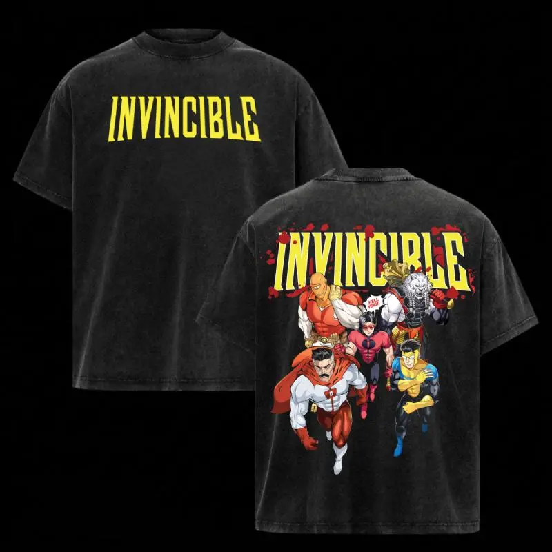 Men's Invincible Acid Washed Heavyweight Pure Cotton Short-Sleeve T-Shirt - Iconic Image Comics Print, Breathable Black Top, Unisex 90s Pop Culture Apparel for Comic Book Fans (Gym & Streetwear), Tshirt, Shortsleeve