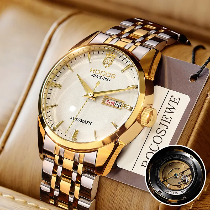 ROCOSJEWE Men's Vintage Mechanical Style Watch, 40mm Gold Sunray Dial with Calendar, Water Resistant Brown Calf Leather Strap for Business, Mechanical Style Watches, Leather Watch