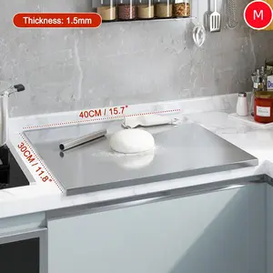 New Version Stainless Steel Cutting Board with Lip for Kitchen Chopping Boards for Countertop Large Metal Cutting Board over Sink Suitable for Meat Fruits Vegetables Bread Noodle and Pizza Bamboo Knives