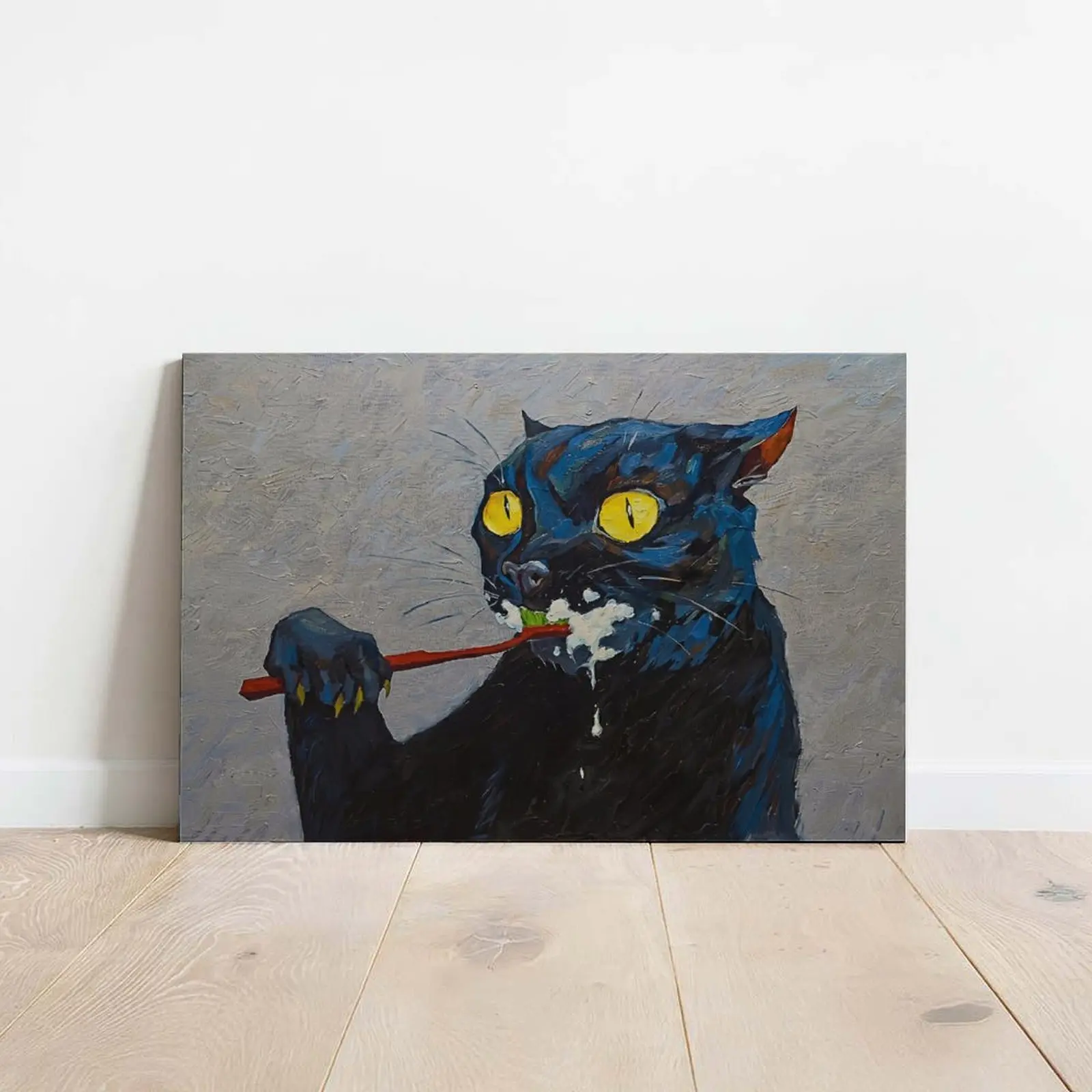 Unframed Impasto Oil Painting Style Quirky Black Cat Toothbrush Canvas Poster - Artistic Abstract Wall Decor, Multi-Size, Gift Idea for Cat Lovers, Suitable for Bathroom Bedroom Decor