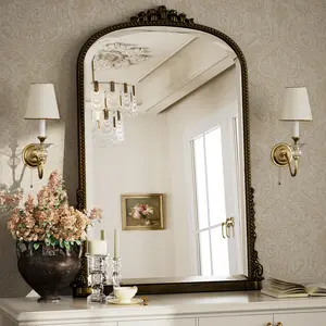 40"x28" Arched Vanity Mirror, Arched Bathroom Mirror With Top Carved Design, Wall Decor Mirror, Fireplace Mirror, Beauty Shower Mirror, Vintage Decorative Mirror For Living Room, Bedroom, Entryway, Wall-Mounted Or Leaning, Enhancing Home Aesthetics