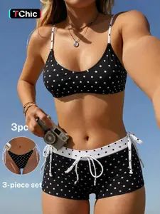 Vintage Polka Dot Women's Sexy Bikini U-Neck Halter Swimsuit with Tie Back Shorts, Summer Beach Resort Fashion Swimwear Beach Bikini Set