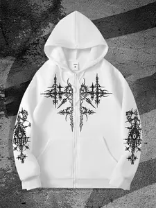 Men's Gothic Style Zip Up Hoodie, Regular Fit Casual Long Sleeve Graphic Hooded Sweatshirt for Fall & Winter, Men's Top for Daily Wear, Pullover