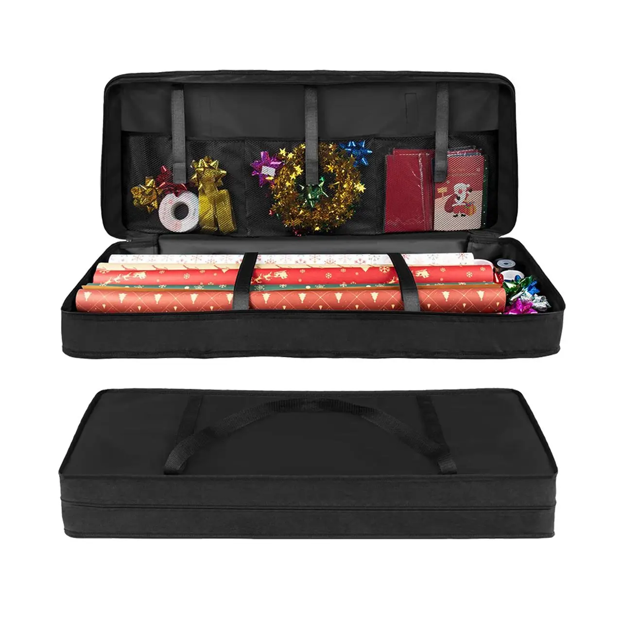 Large Capacity Holiday Gift Wrap Double Sided Storage Box with Pocket, Holds Up to 24 Rolls, Nylon Fabric Organizer for Halloween & Christmas, Perfect for Gift Packaging & Home Storage, Durable Storage Organizer, Organizer Storage Supplies