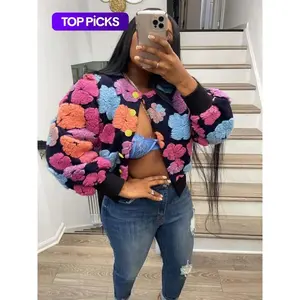 【Plus Size】 Floral Print Button Front Crop Jacket, Casual Long Sleeve Open Front Outerwear for Fall & Winter, Coat, Women's Clothes for Daily Wear, Clothing, WomenswearRAIMENTRY