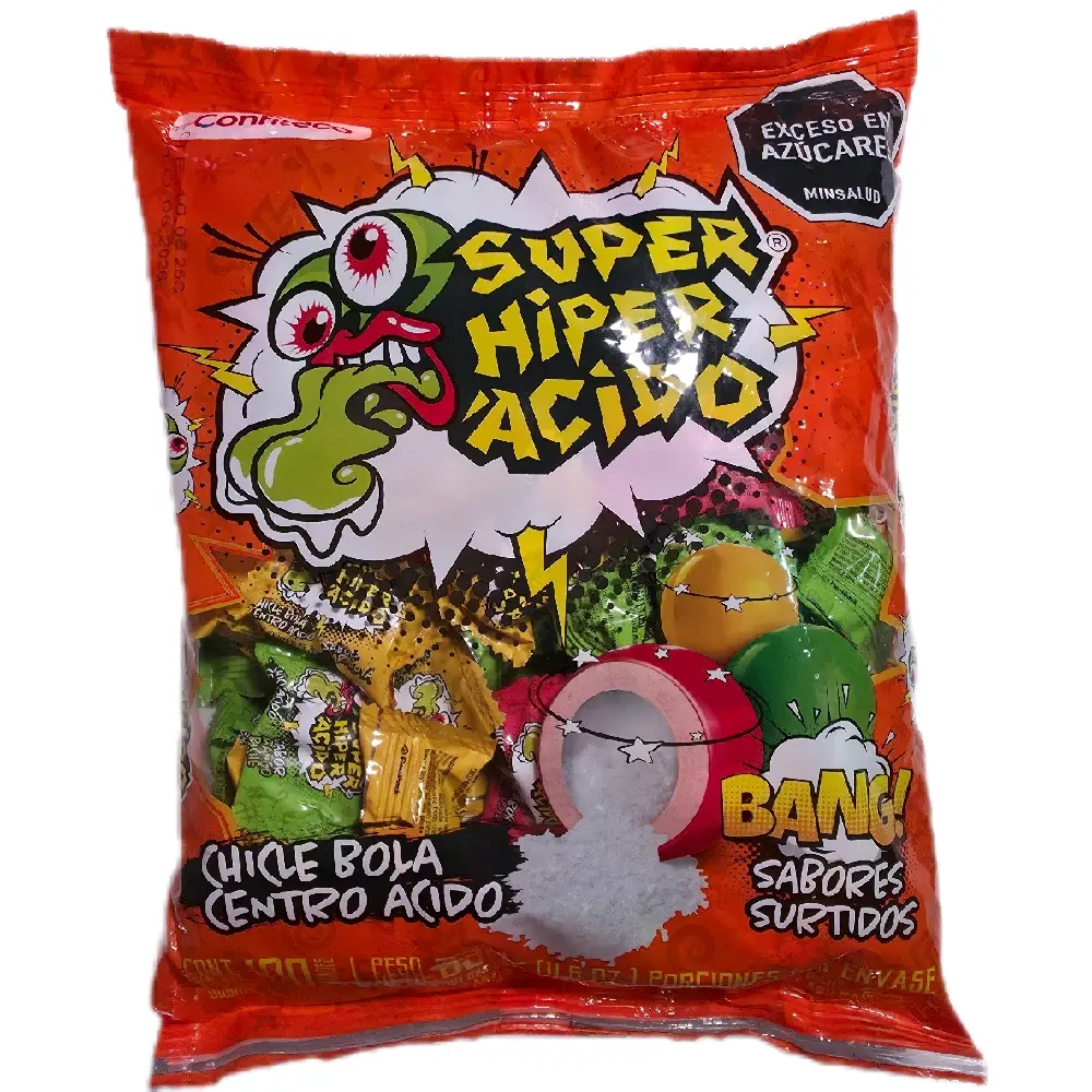 Super Hiper Acido Chicle Bola Centro Acido Pack of 100 Units with Assorted Flavors and Low Sugar Content