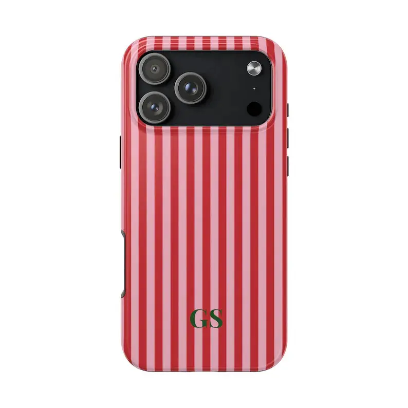 Personalized Red Phone Case Custom Monogram iPhone Case Aesthetic Cherry Striped Phone Case Summer Coastal Phone Case Preppy Phonecase Beach gift for her men's cool gadgets iphone 17 pro max cases girls