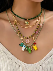 4 Pc Summer Bohemian Layered Beach Necklace for Women - Ocean Theme Starfish and Fish Charm Necklaces Set - Boho Vacation Beach Jewelry Beachy Vibe