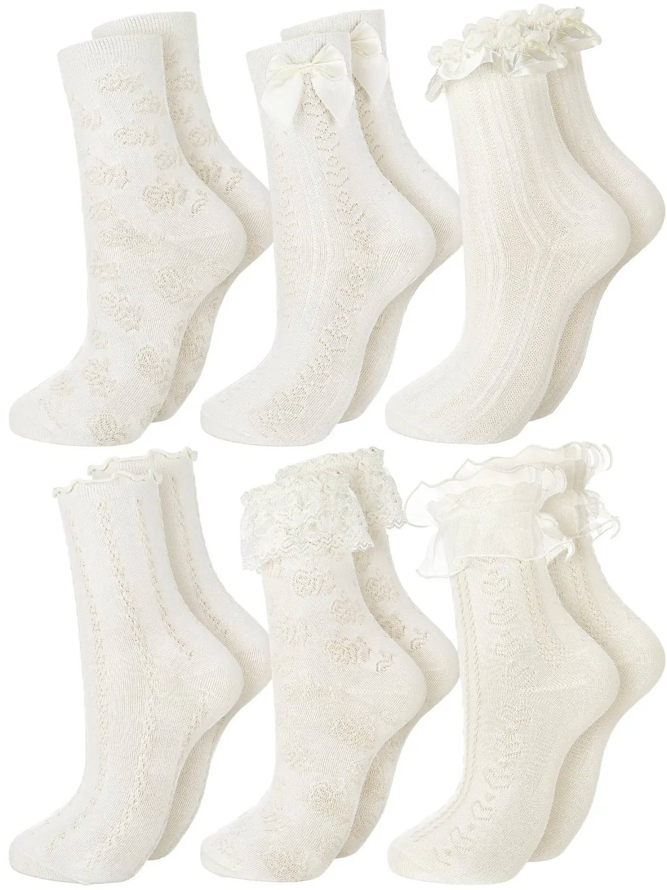 6pairs of beige Spring lace mid calf socks, girl socks, Lace crew socks, comfortable, skin friendly, breathable, sweat absorbing socks, lace bow Lolita mid calf socks, solid color versatile socks, Lady Women, Knitted Socks