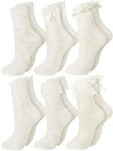 6pairs of beige Spring Fashion lace mid calf socks, sweet and cute girl socks, Fitted, comfortable, skin friendly, breathable, sweat absorbing socks, lace bow Lolita mid calf socks, solid color versatile mid calf socks