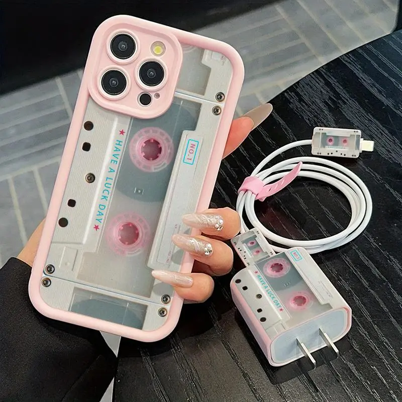 Cassette Tape Pattern Phone Case with Charger Head Cover & Cable Protector & Storage Lanyard, Anti-drop Shockproof Cellphone Protective Case, Phone Accessories for iPhone, TPU Smartphone Casing, Mobile Phone Casing