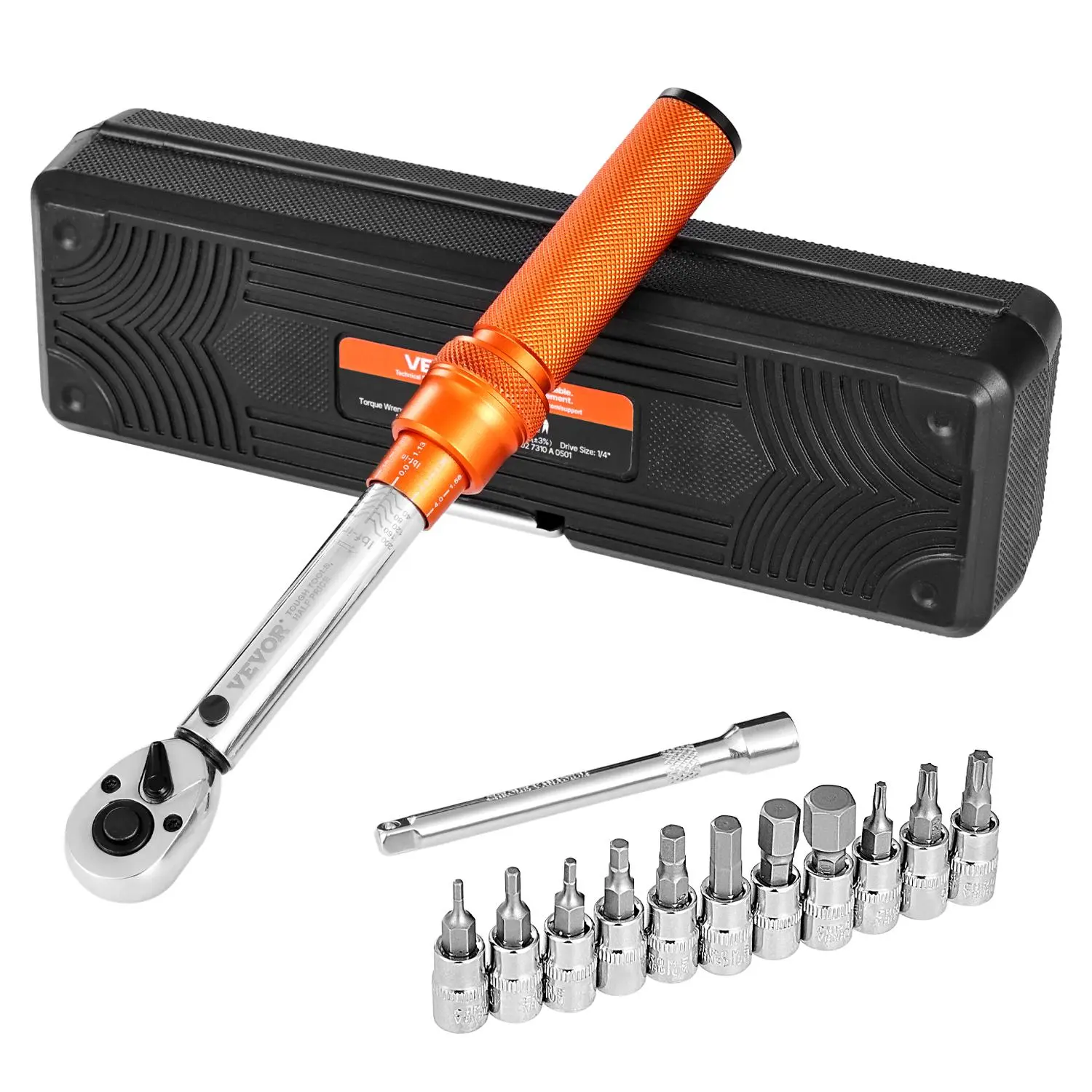 VEVOR 1/4-Inch Drive Heavy Duty Ratchet Torque Wrench Set, 20-200lbf-in/2.3-22.6N.m, 72-Tooth Reversible Head, ±3% Accurate, Dual-Range Scale, Rustproof Chrome, Bit Sockets & Extension Bar Included, Orange, for Bicycle Repair, Father's Day Gift
