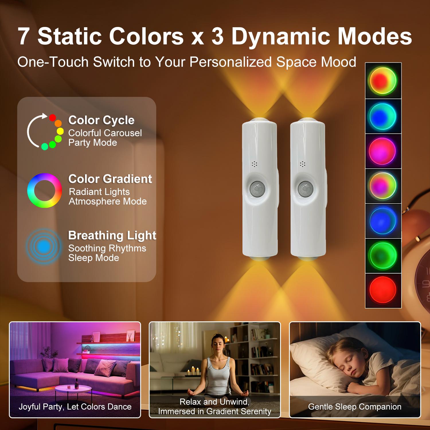 Smart Rechargeable LED Night Light with Motion Sensor | RGB Gradient Ambient Lighting, Dimmable Wall Lamp, Magnetic Stick-On, USB Charging, Perfect for Bedroom, Stairs