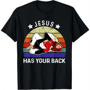 Cotton Brazilian Jiu Jitsu Jesus Has Your Back T-Shirt Unisex Fit Premium Drape Photorealistic Design Short Sleeve Crew Neck Summer Casual Tee