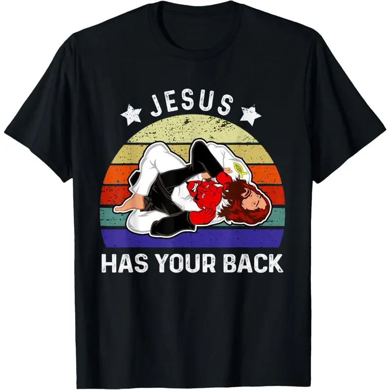 Men's 100% Cotton Short-Sleeve Casual Brazilian Jiu Jitsu "Jesus Has Your Back" T-Shirt, Menswear Top