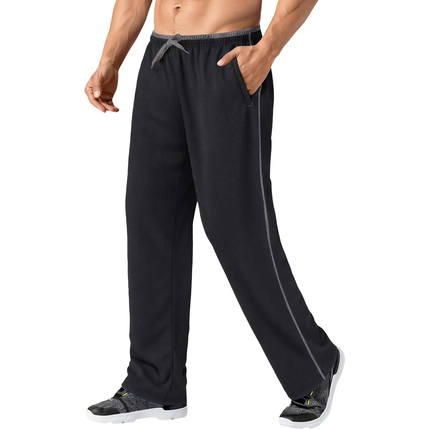 Men's Lightweight Mesh Sweatpants in Dark Grey Blue, Loose Fit Open Bottom with Zipper Pockets for Athletic Training & Jogging, Black Grey, Blue Grey